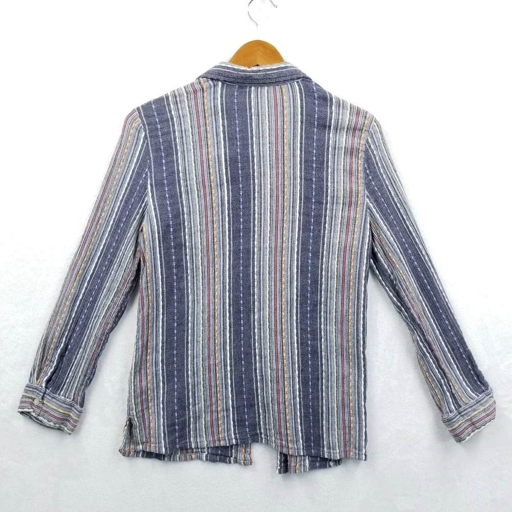 Serengeti Blouse Women M Blue‎ Striped Cotton Long Roll Sleeve Hippie Boho Slim